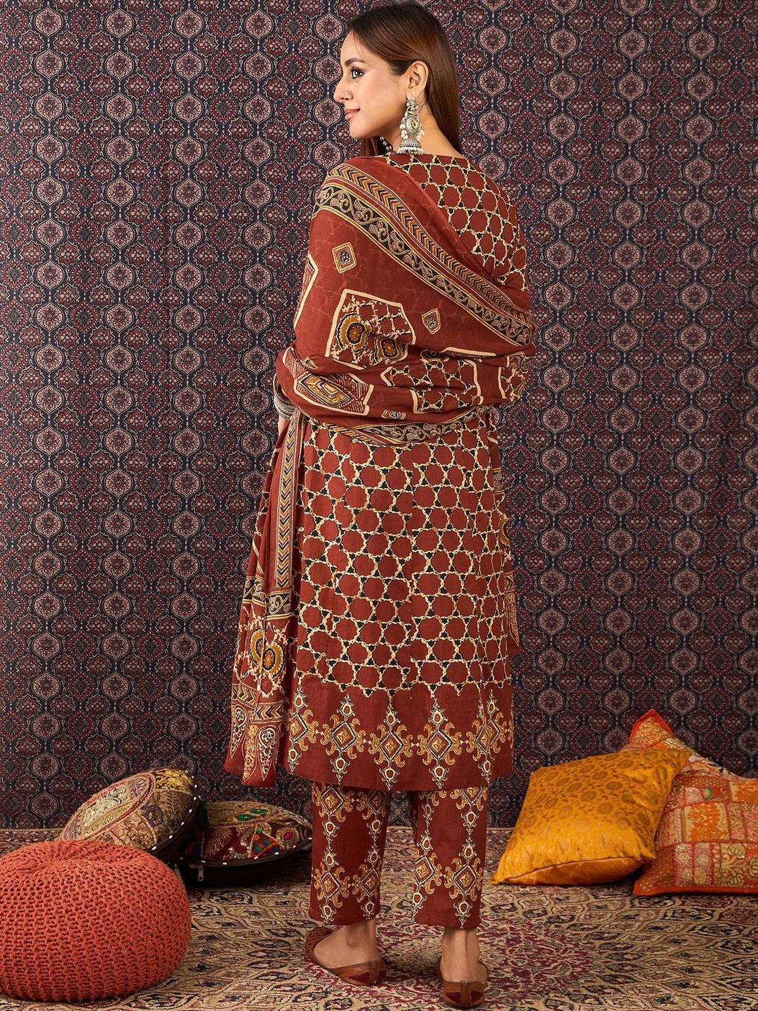 Women Ethnic Motifs Printed Regular Pure Cotton Kurta Trousers With Dupatta