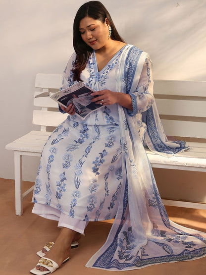 Dhiyona Women's Plus Size Floral Printed Kurta with Palazzos & With Dupatta