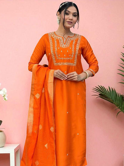 Dhiyona SN Women's Floral Embroidered Thread Work Notch Neck Straight Kurta With Trouser And Dupatta