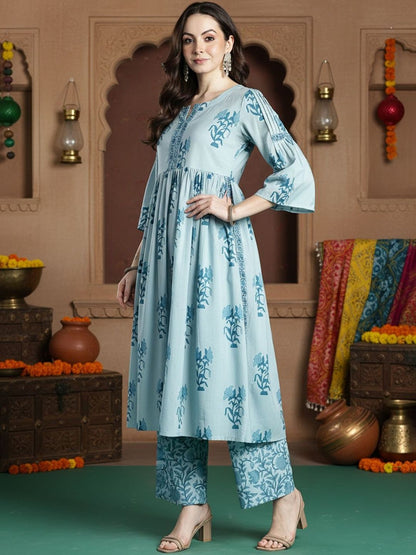 Floral Printed Empire Notch Neck Pure Cotton A-Line Kurta With Palazzos