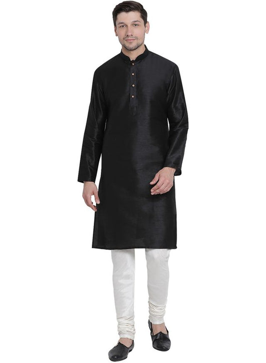 Men's Black Silk Blend Straight Kurta Pyjama Set