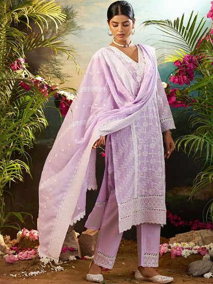 Women Ethnic Motifs Embroidered Regular Chikankari Pure Cotton Kurta with Trousers & With Dupatta