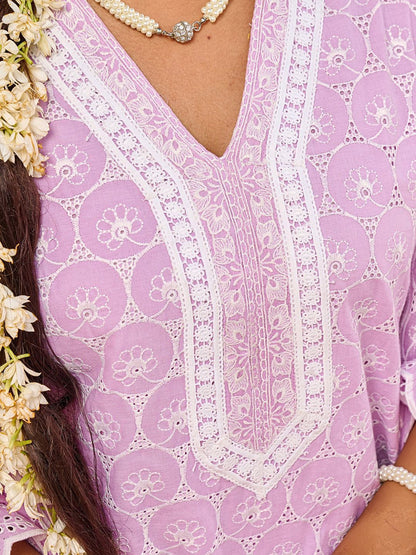 Floral Embroidered V-Neck Thread Work Pure Cotton Kurta With Trousers & Dupatta