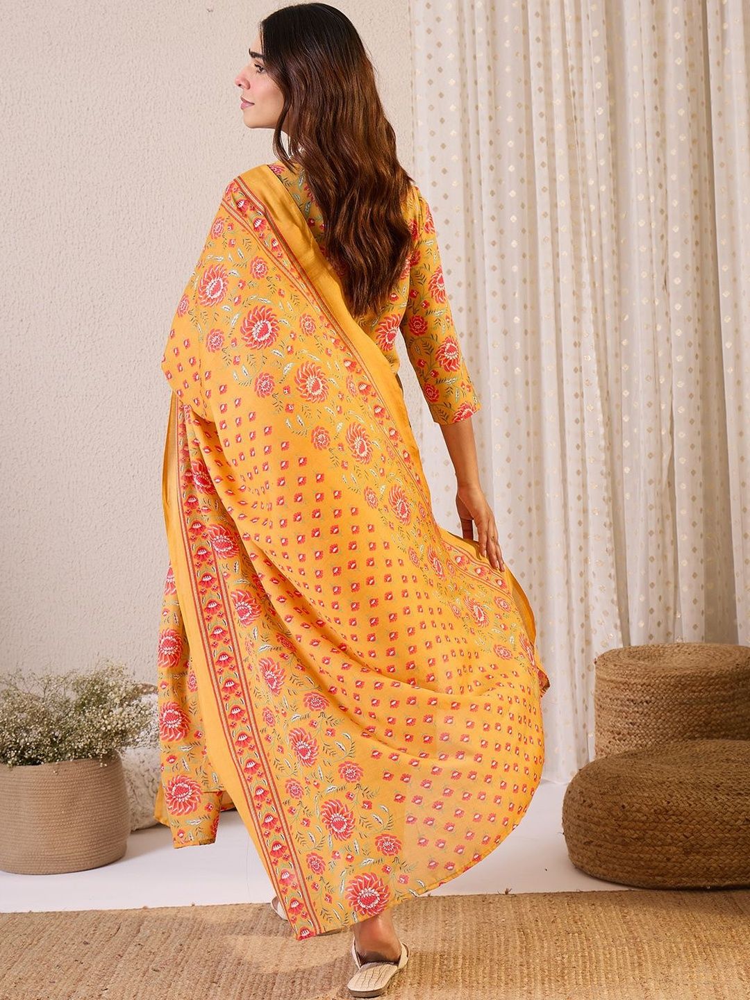 Floral Embroidered Straight Zari Work Kurta With Trousers & Dupatta