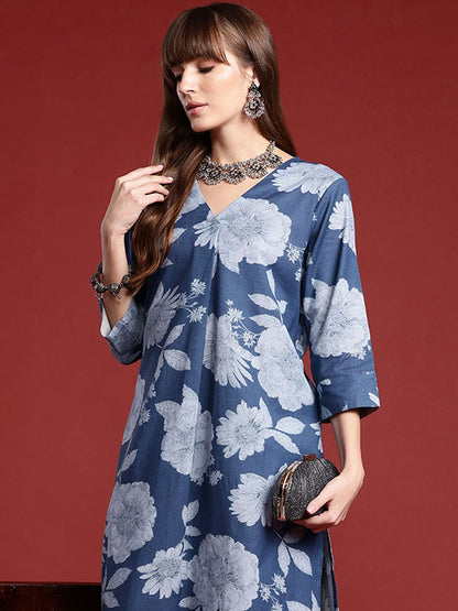 Dhiyona IE Floral Printed Three-Quarter Sleeves A-Line Tunic With Trouser