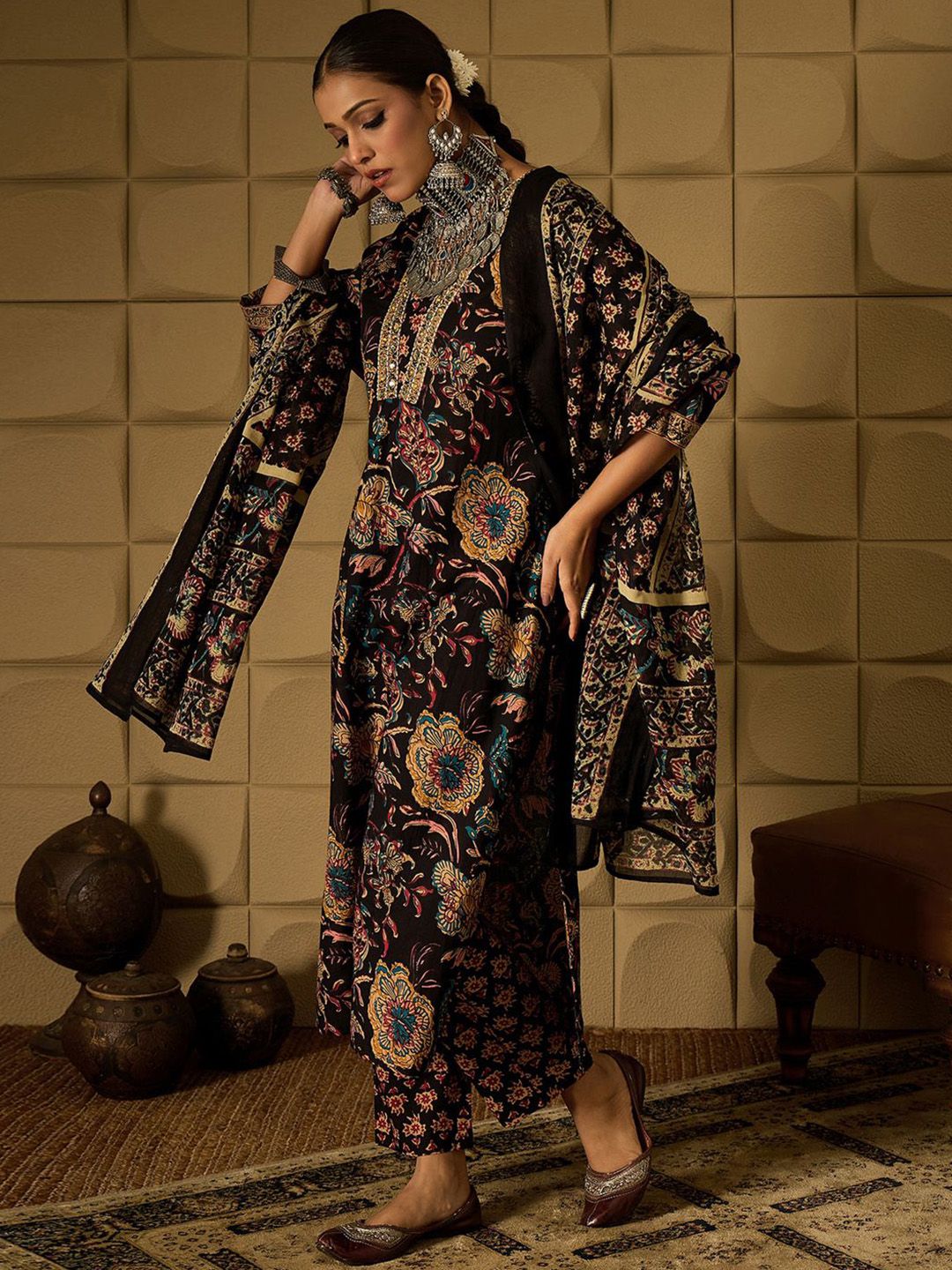 Dhiyona IE Floral Printed Sequinned Pure Cotton Kurta With Trousers & Dupatta