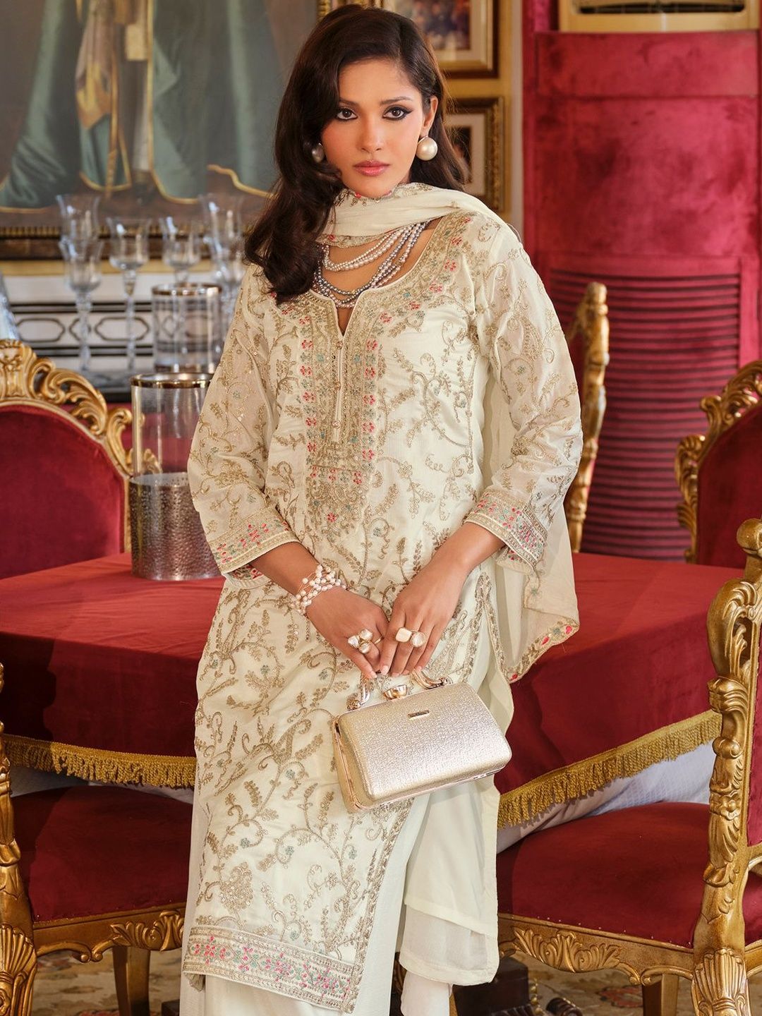 Women Ethnic Motifs Embroidered Regular Thread Work Kurta with Palazzos & Dupatta