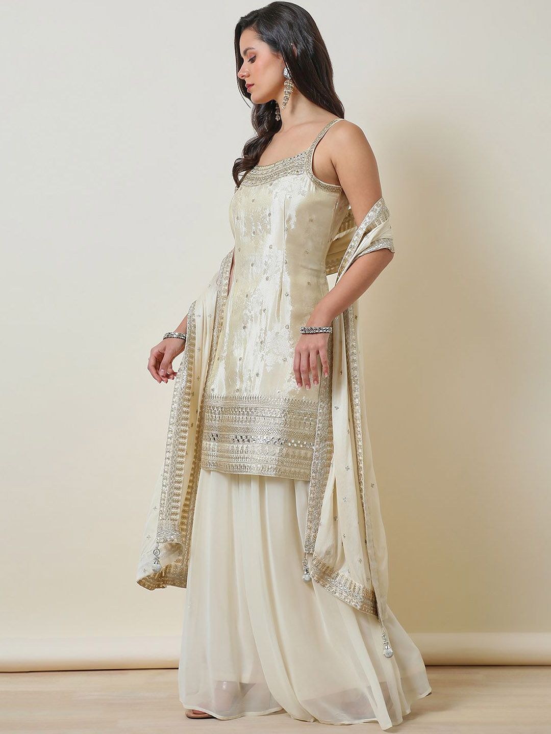 Dhiyona SO Women's Ethnic Motifs Embroidered Regular Mirror Work Straight Kurti with Sharara & Dupatta