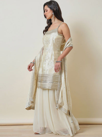 Dhiyona SO Women's Ethnic Motifs Embroidered Regular Mirror Work Straight Kurti with Sharara & Dupatta