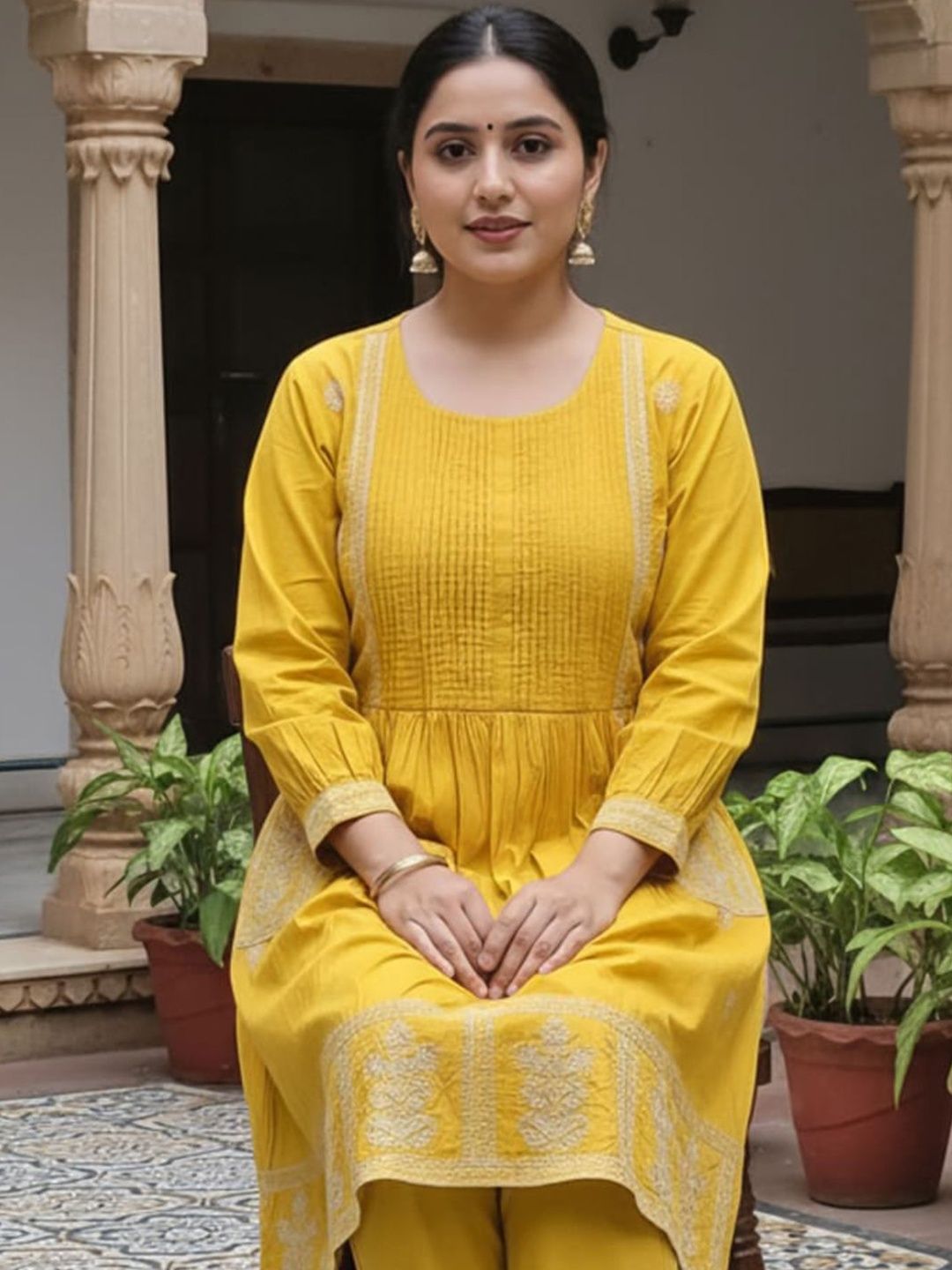 Women Ethnic Motifs Embroidered Panelled Thread Work Cotton Kurta with Trousers