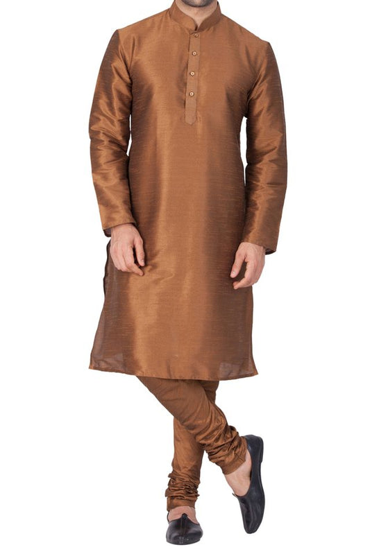 Men's Coffee Silk Blend Straight Kurta Pyjama Set