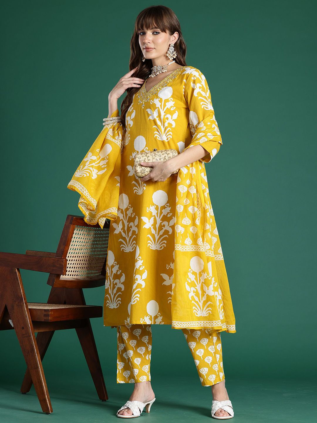 Floral Printed Mirror Work Pure Cotton Kurta With Trousers & Dupatta