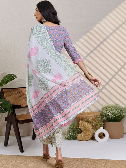 Women Floral Printed Regular Pure Cotton Kurta with Trousers & With Dupatta