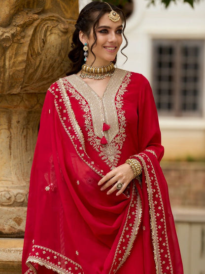 Ethnic Motifs Embroidered V-Neck Mirror Work Kurta With Trousers & Dupatta