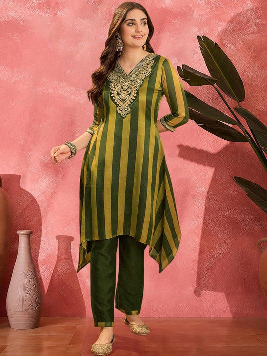Dhiyona SN Women's Striped V-Neck Thread Work A-Line Asymmetric Kurta & Trousers