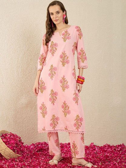 Women Floral Printed Regular Pure Cotton Kurta with Trousers