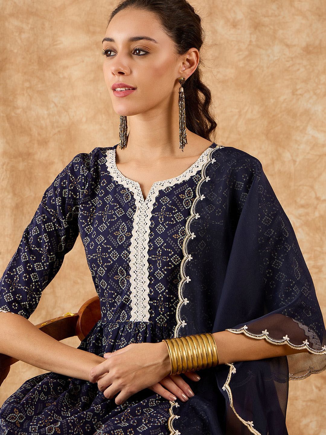 Dhiyona IE Bandhani Printed A-Line Kurta with Trousers & Dupatta