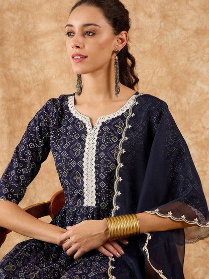 Bandhani Printed A-Line Kurta with Trousers & Dupatta