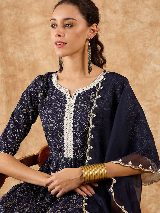 Bandhani Printed A-Line Kurta with Trousers & Dupatta