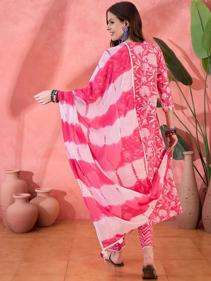Dhiyona SN Women's Pink Floral Printed Pure Cotton A-Line Kurta With Trouser And Dupatta