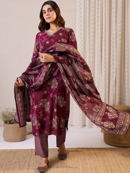 Women Floral Printed Regular Chanderi Silk Kurta with Trousers & With Dupatta