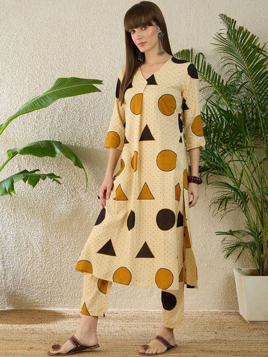 Dhiyona IE Printed V-Neck Three-Quarter Sleeves Pure Cotton Top With Trousers