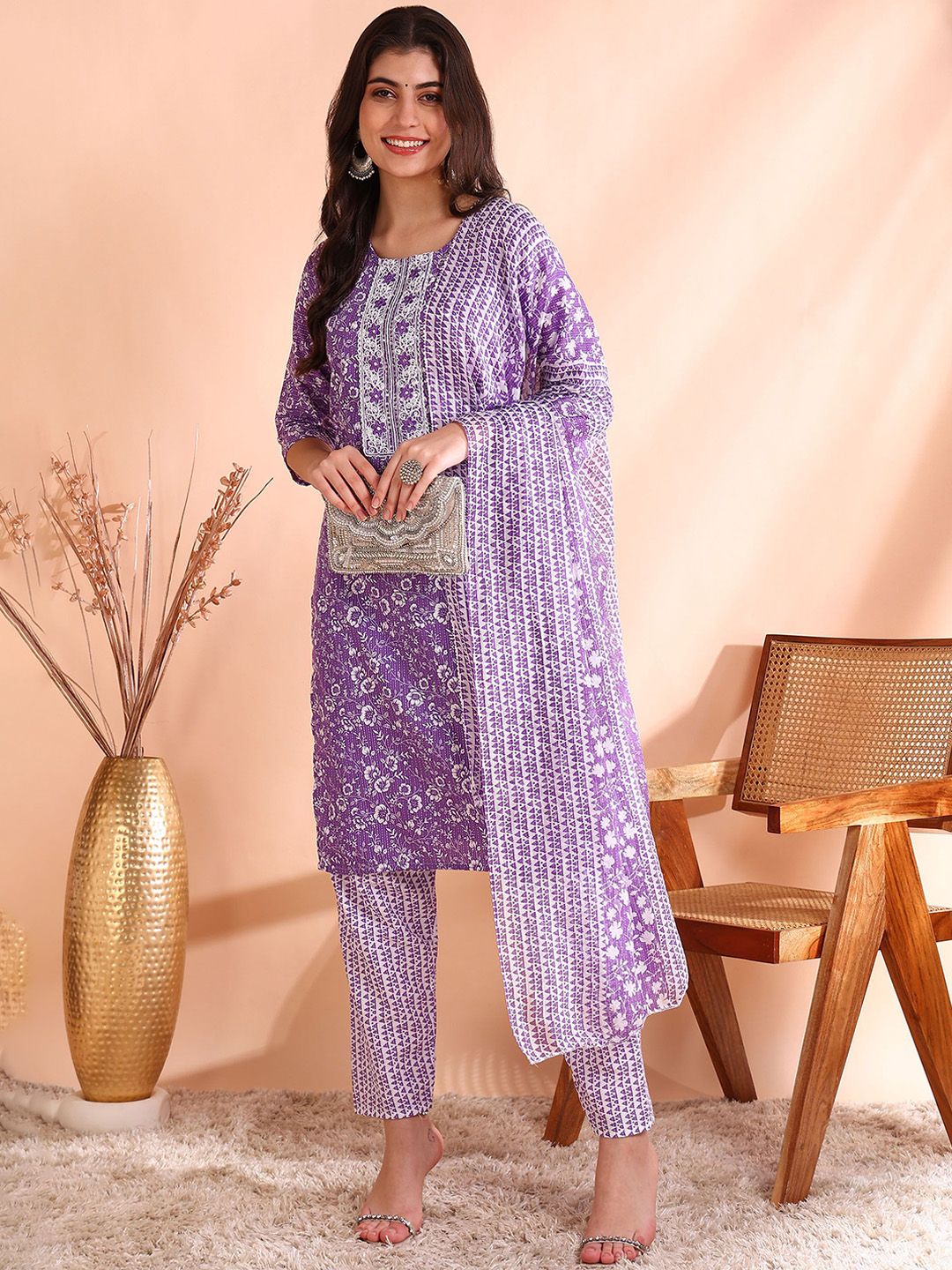 Dhiyona OD  Printed Mirror Work Pure Cotton Kurta With Trouser & Dupatta