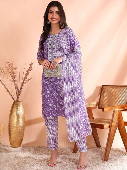 Dhiyona OD  Printed Mirror Work Pure Cotton Kurta With Trouser & Dupatta