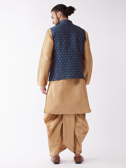 Men's Rose Gold Silk Blend Straight Jacket  Kurta and Dhoti Set