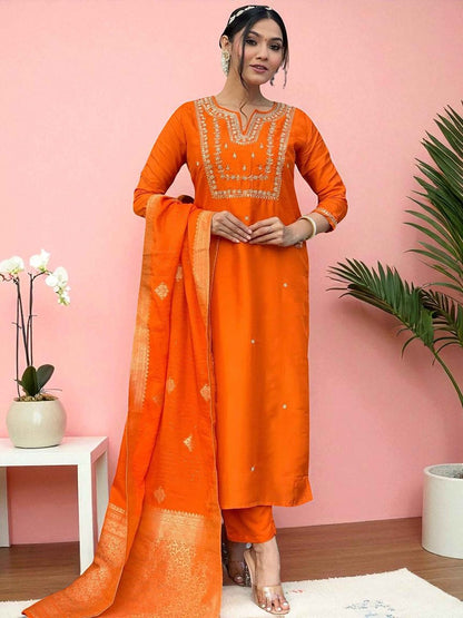 Dhiyona SN Women's Floral Embroidered Thread Work Notch Neck Straight Kurta With Trouser And Dupatta