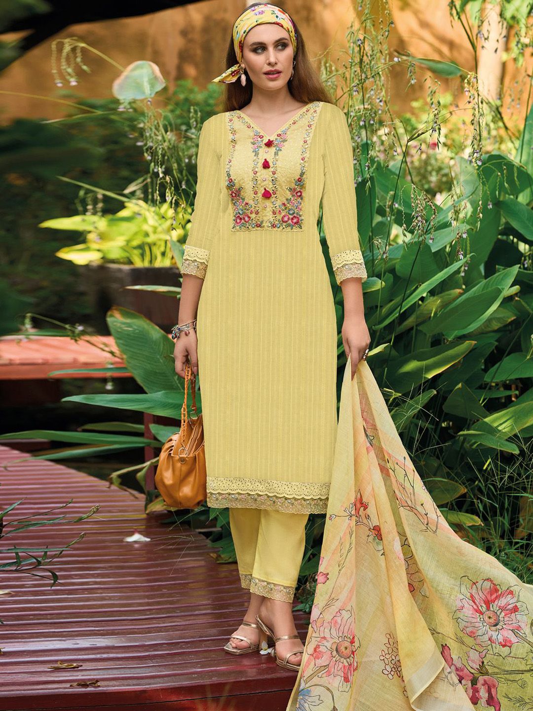 Dhiyona IE Yellow Floral Embroidered Thread Work Pure Cotton Kurta with Trouser & Dupatta