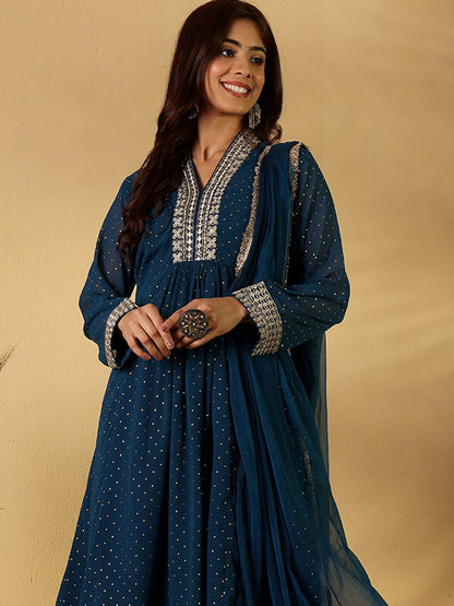 Dhiyona PD Women Floral Yoke Design V-Neck Straight Kurta With Trousers And Dupatta