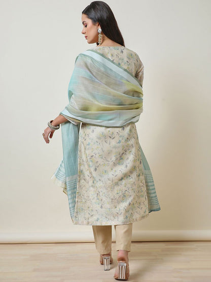 Dhiyona SO Women's Women Ethnic Motifs Printed Regular Thread Work Chanderi Cotton Kurta with Trousers & With Dupatta