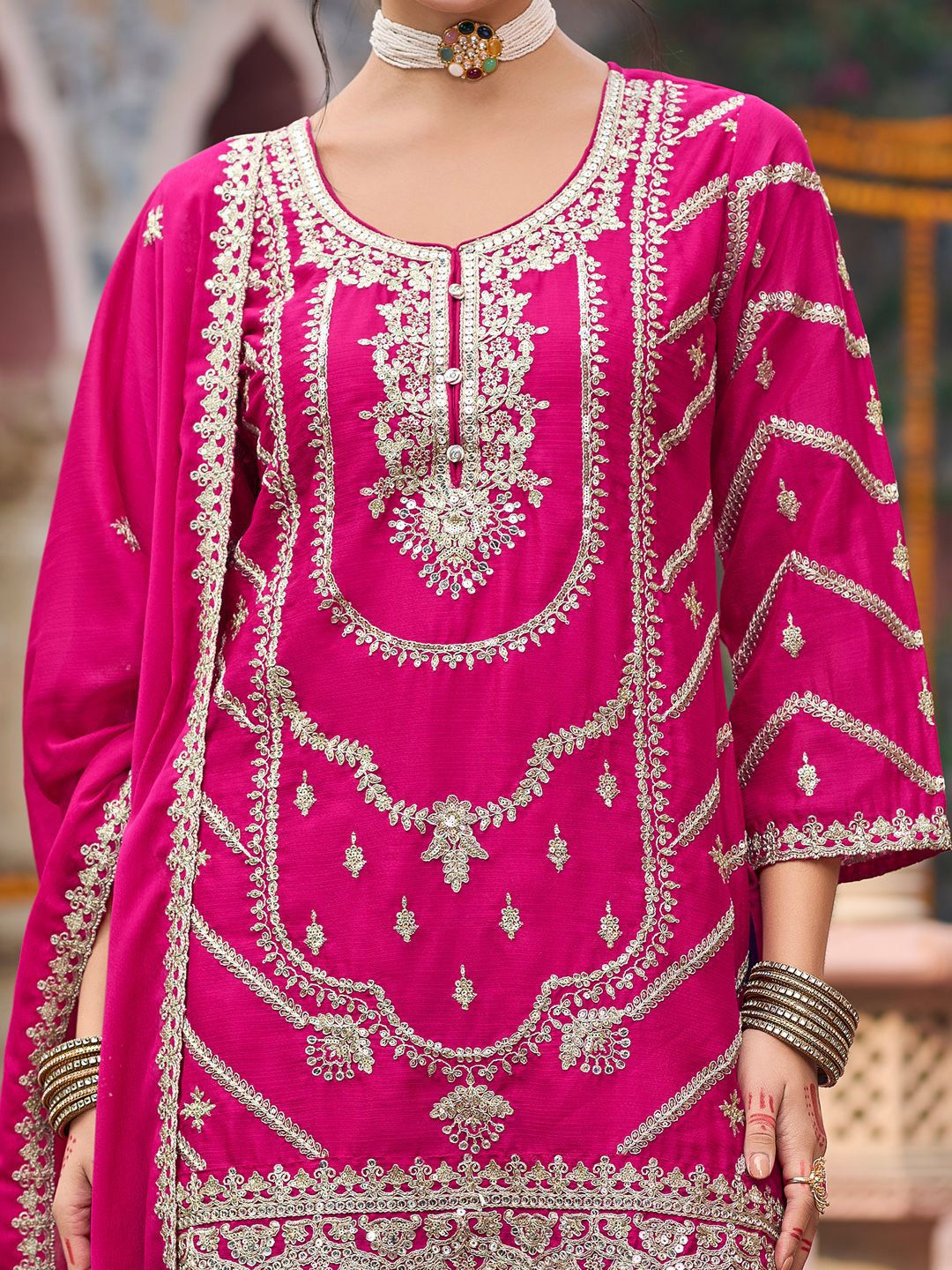 Floral Embroidered Sequinned Chinon Straight Kurta With Palazzos & Dupatta