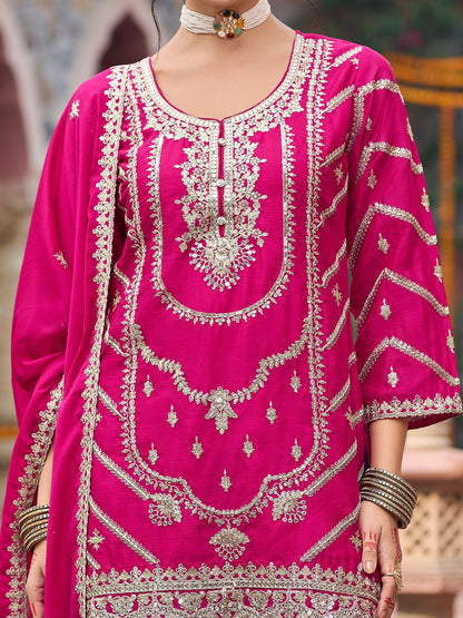 Floral Embroidered Sequinned Chinon Straight Kurta With Palazzos & Dupatta