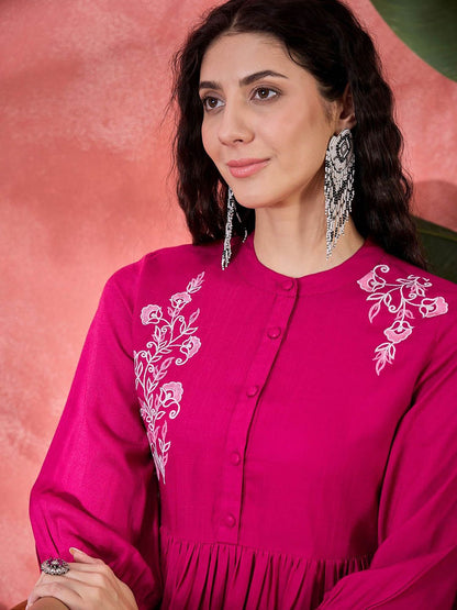 Dhiyona SN Women's Floral Embroidered Band Collar Anarkali Kurta With Trousers