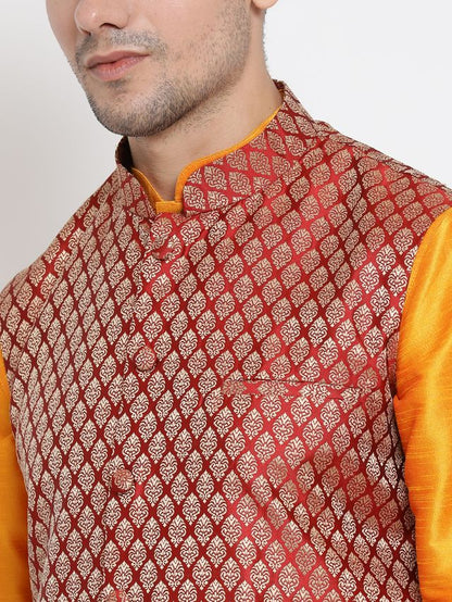 Men's Orange Silk Blend Straight Jacket  Kurta and Pyjama Set