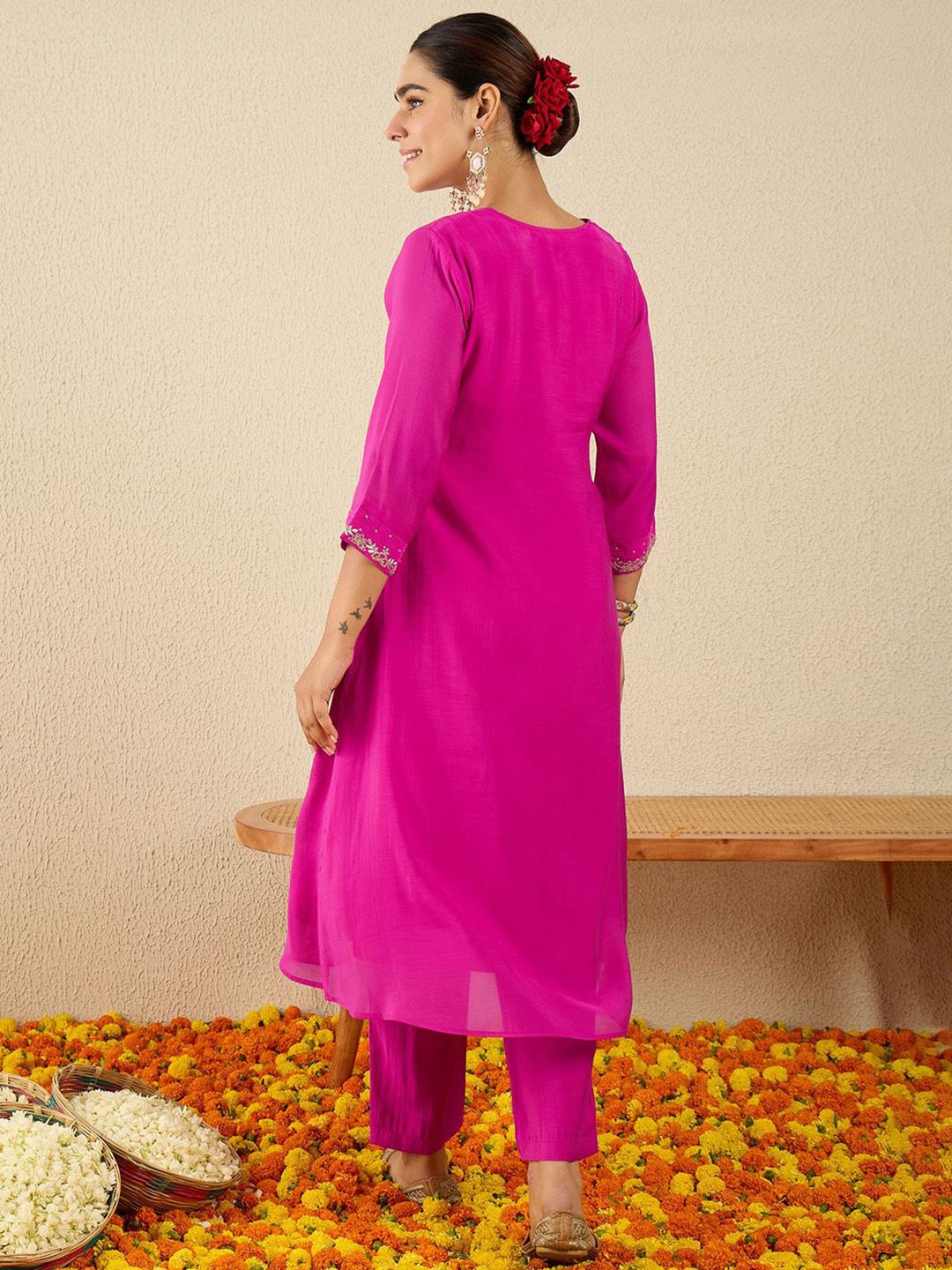 Floral Embroidered Square Neck Gotta Patti A-Line Kurta With Trousers