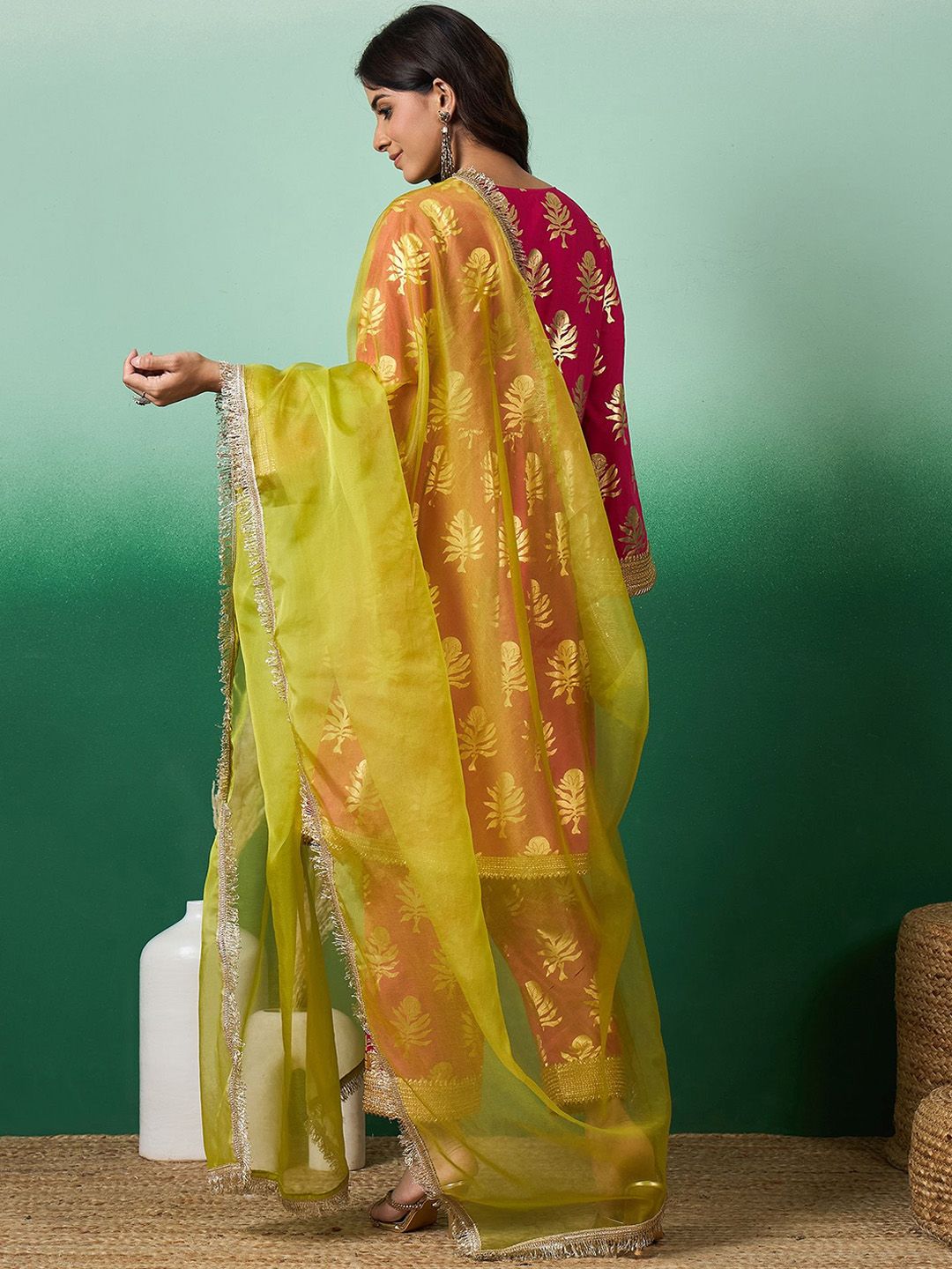Dhiyona SN Women's Floral Printed Flared Sleeves A-Line Kurta With Trousers & Organza Dupatta