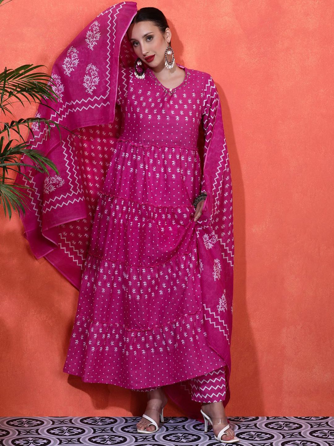 Dhiyona SN Women's Floral Printed Pure Cotton A-Line Kurta & Trousers Sets
