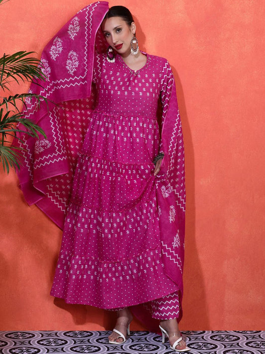Dhiyona SN Women's Floral Printed Pure Cotton A-Line Kurta & Trousers Sets