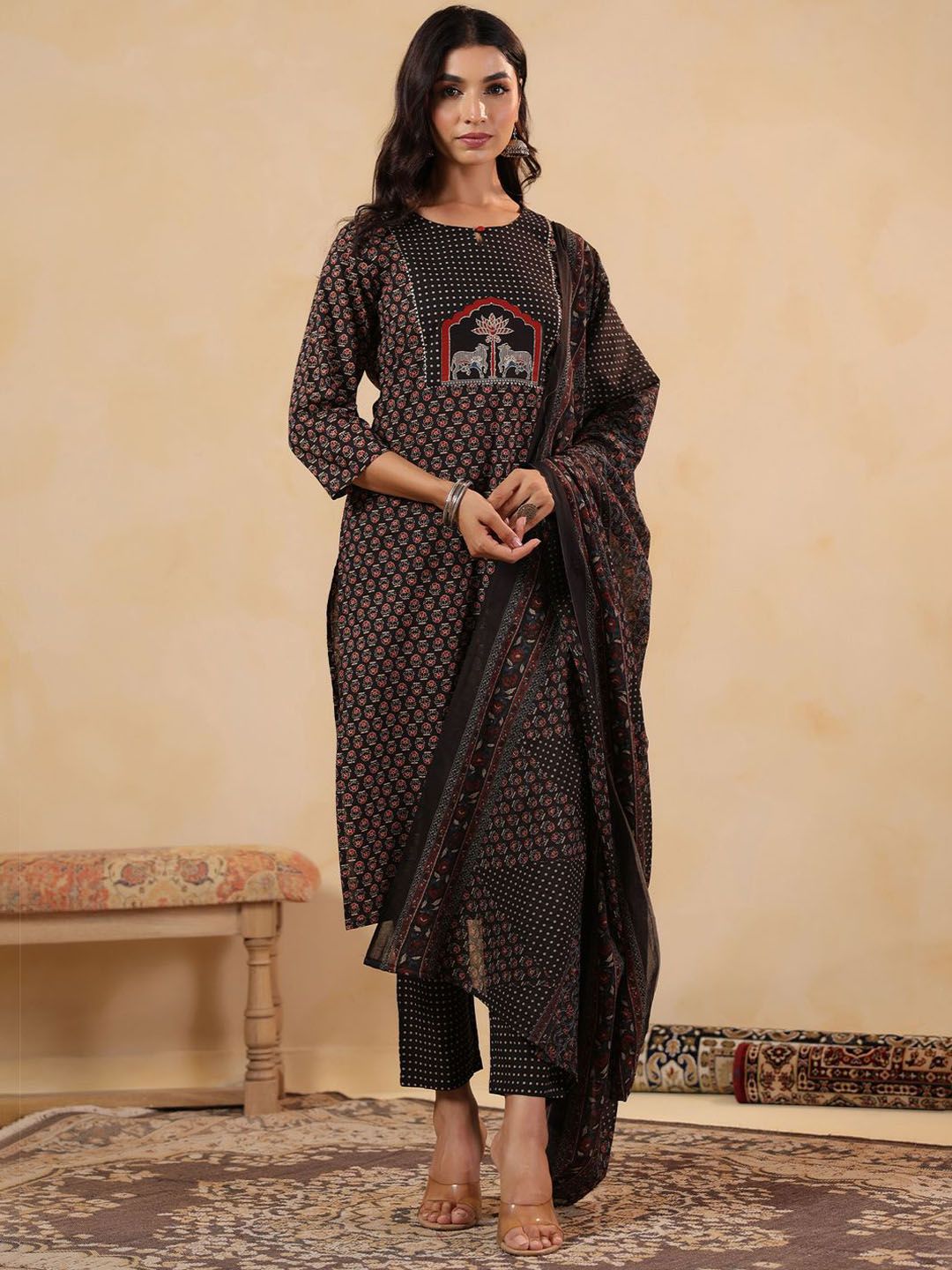 Ethnic Motifs Printed Pure Cotton Straight Kurta With Trousers & Dupatta