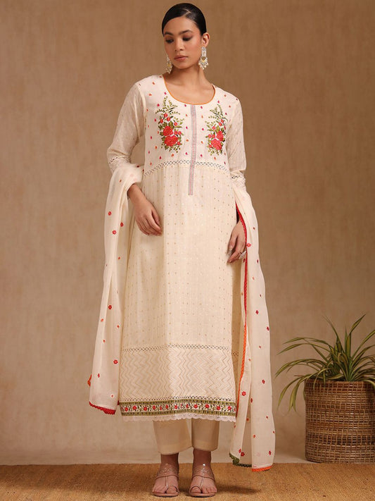 Dhiyona SO Women's Floral Embroidered Thread Work Cotton A-Line Kurta With Trouser And Dupatta