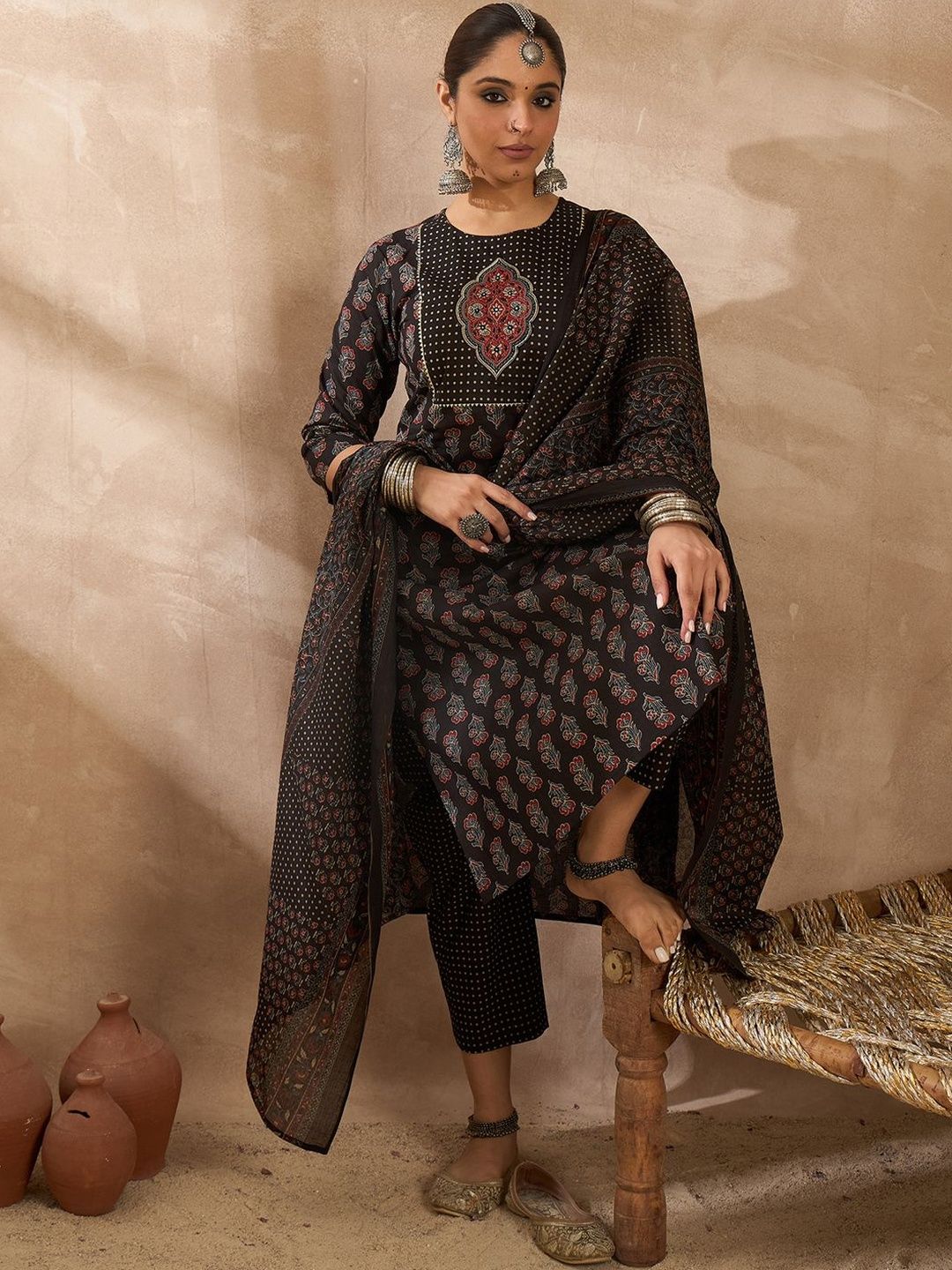 Women Ethnic Motifs Printed Cotton Kurta with Trousers & Dupatta