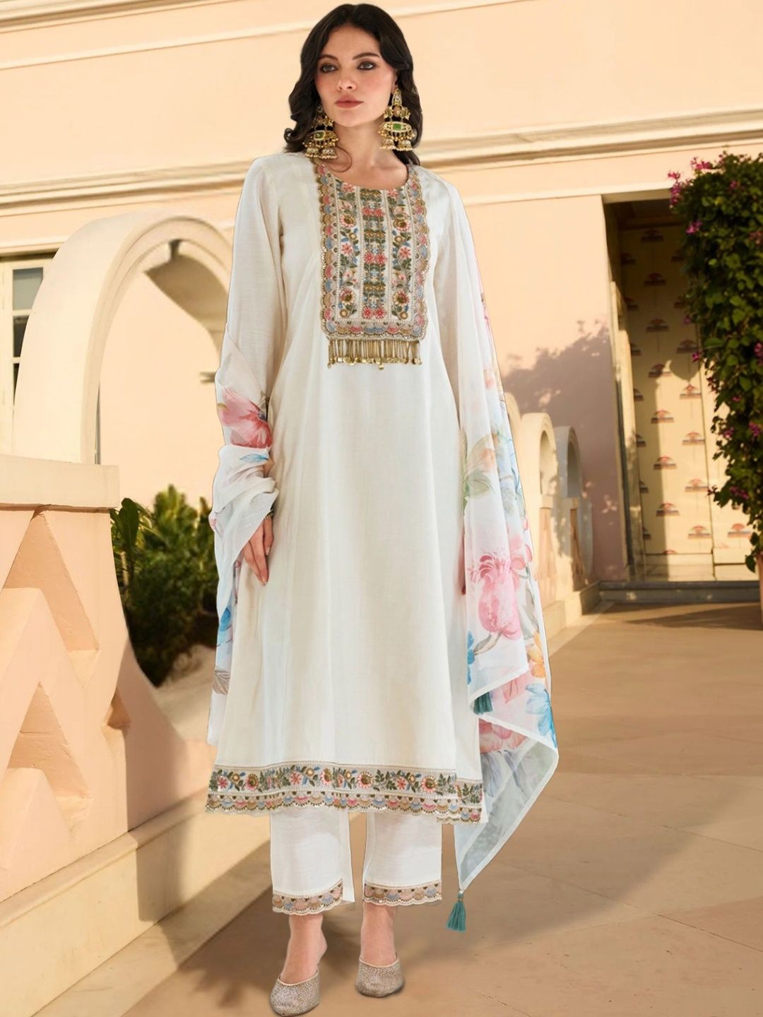 Dhiyona IE Women Ethnic Motifs Embroidered Regular Kurta with Trousers & With Dupatta