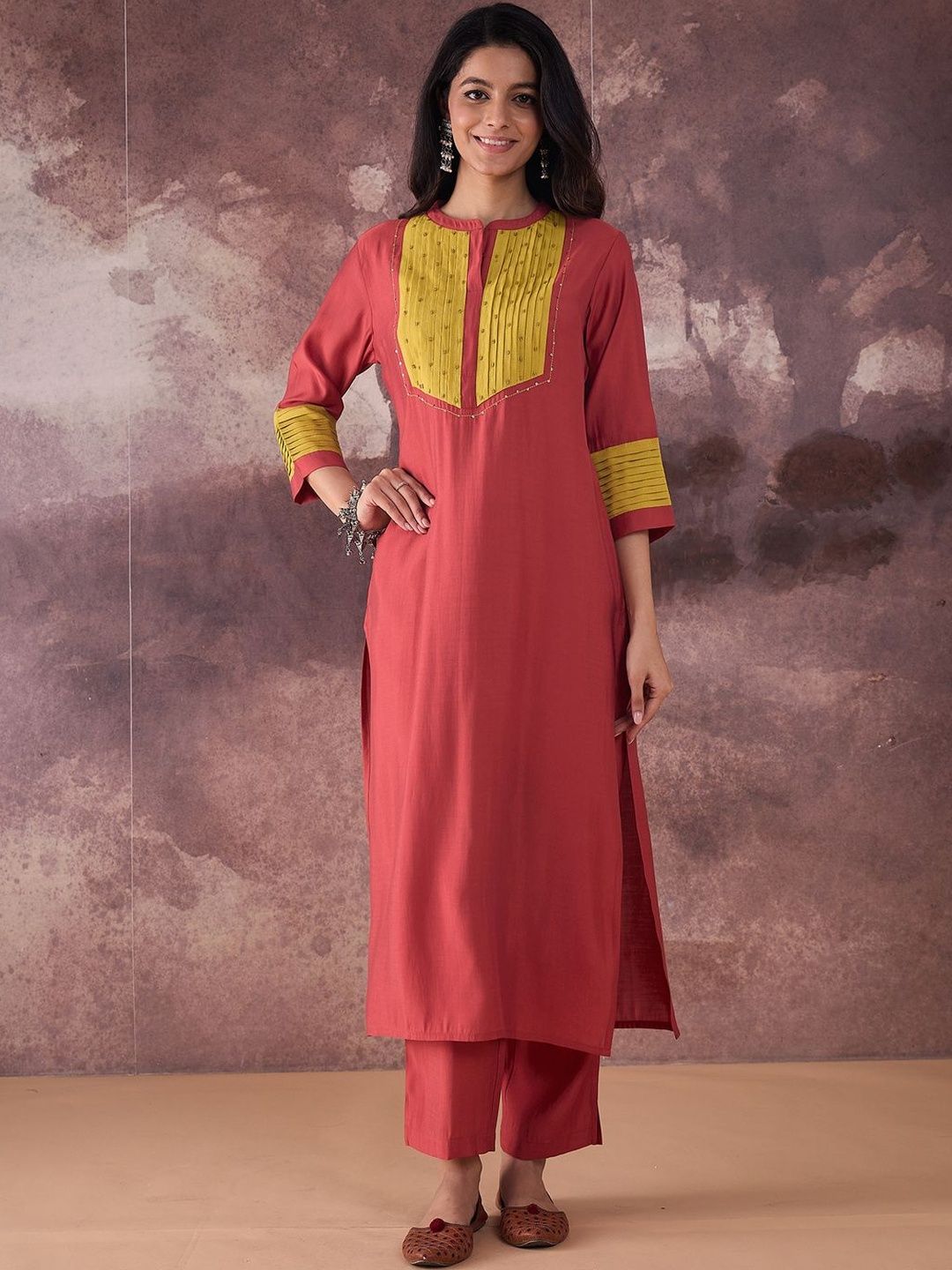 Self Design Round Neck Straight Kurta With Trouser