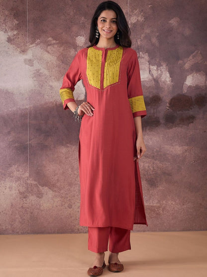 Self Design Round Neck Straight Kurta With Trouser