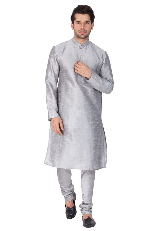 Men's Grey Silk Blend Straight Kurta Pyjama Set
