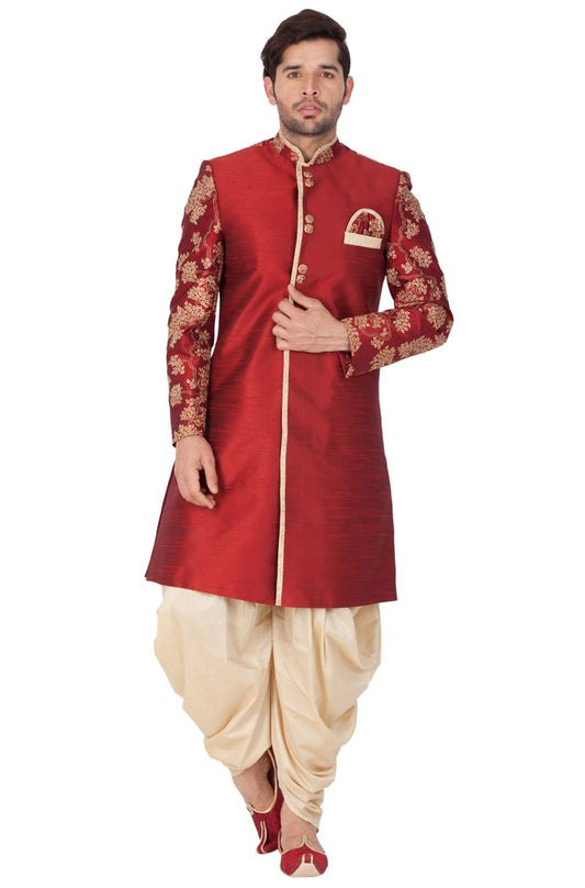 Men's Maroon Silk Blend Regular Sherwani Set