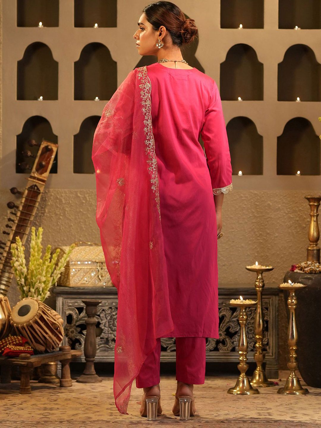 Dhiyona IE Women's Women Ethnic Motifs Embroidered Regular Sequinned Kurta with Trousers & Dupatta